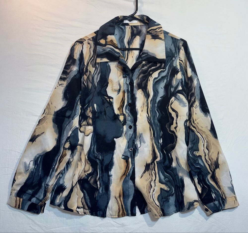 GZYIGE Women’s Abstract Marble Print Button-Front Long Sleeve Blouse Size L